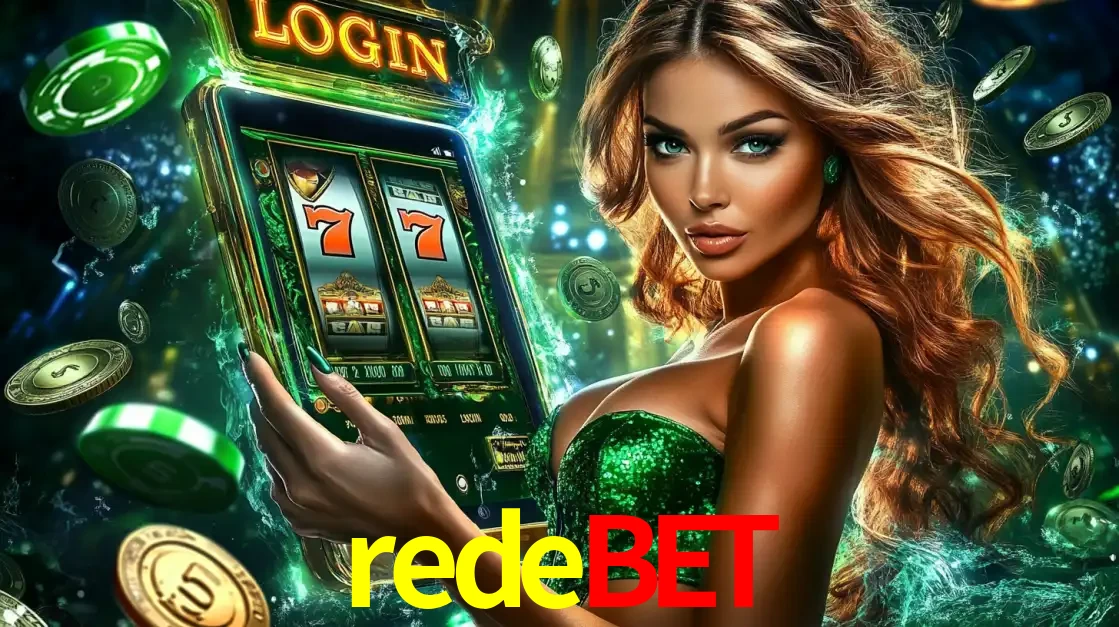 Mulher com tema verde apresentando o aplicativo do cassino redebet com um jogo de slot de 777, cercada por fichas de cassino e uma aura de sorte.