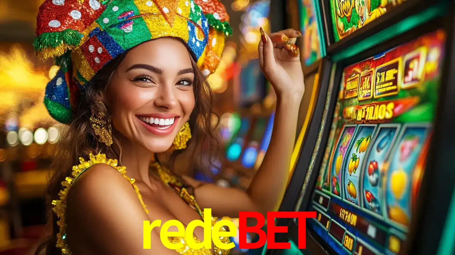 Mulher feliz com traje de carnaval amarelo e colorido ao lado de uma máquina de caça-níqueis, aproveitando a diversão e os jogos temáticos do cassino redebet.