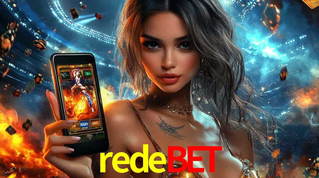 Mulher segurando um celular com um jogo de slot em destaque, tendo como fundo um estádio vibrante, simbolizando a emoção de jogar no cassino móvel redebet.